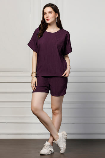 Womens Dark Purple Cotton Blend Solid Top With Shorts Set