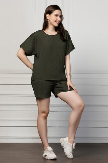 Womens Olive Cotton Blend Solid Top With Shorts Set