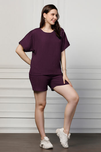 Womens Dark Purple Cotton Blend Solid Top With Shorts Set