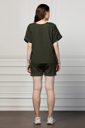 Womens Olive Cotton Blend Solid Top With Shorts Set