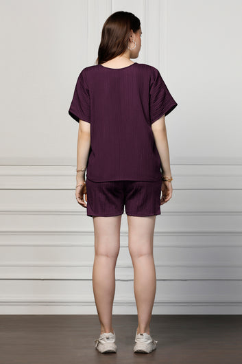 Womens Dark Purple Cotton Blend Solid Top With Shorts Set