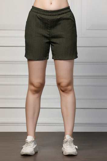 Womens Olive Cotton Blend Solid Top With Shorts Set