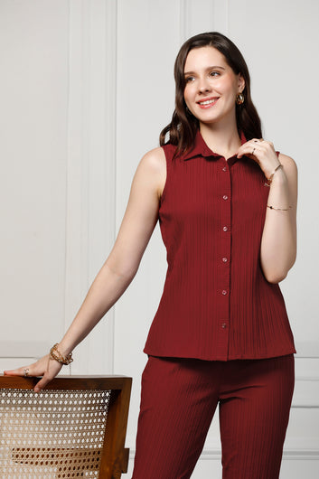 Womens Maroon Cotton Blend Solid Collar Neck Shirt With Trouser Set