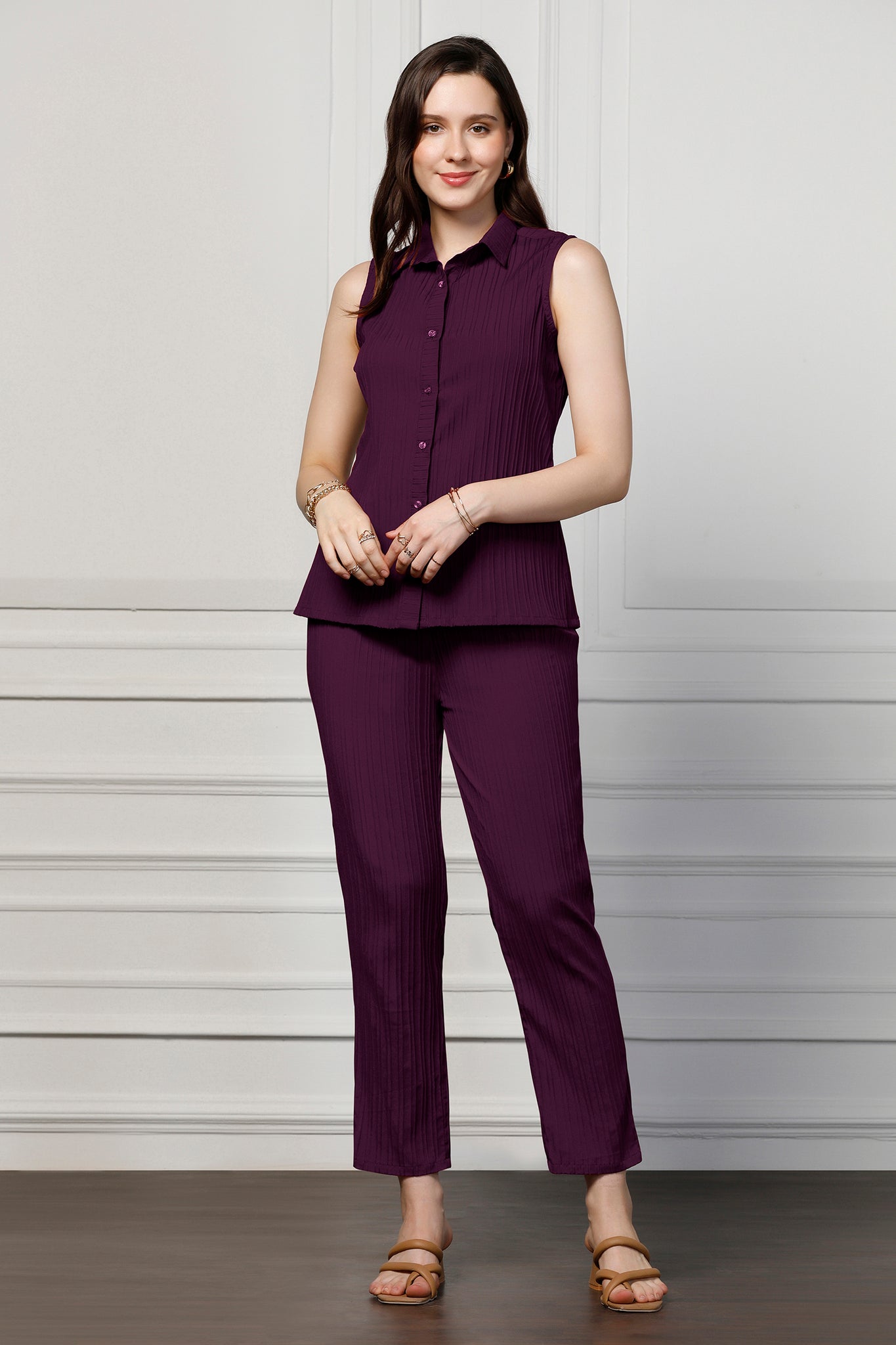 Womens Dark Purple Cotton Blend Solid Collar Neck Shirt With Trouser Set