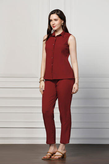 Womens Maroon Cotton Blend Solid Collar Neck Shirt With Trouser Set