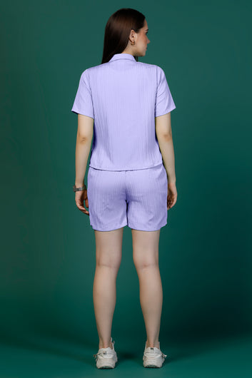 Womens Lavender Cotton Blend Solid Co-ords Shirt And Inner With Shorts Set