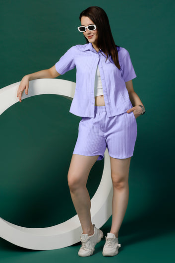 Womens Lavender Cotton Blend Solid Co-ords Shirt And Inner With Shorts Set