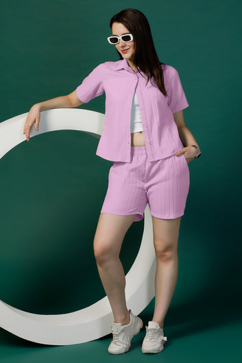 Womens Lilac Cotton Blend Solid Co-ords Shirt And Inner With Shorts Set