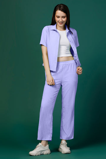 Womens Lavender Cotton Blend Solid T-shirt And Shirt With Trouser Set