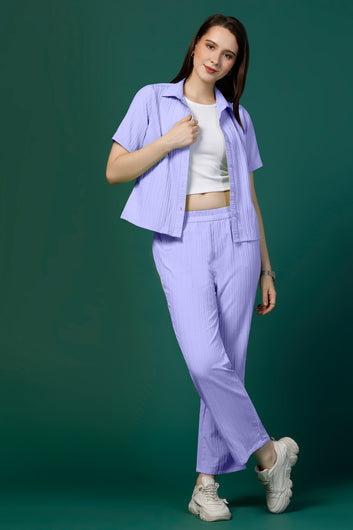 Womens Lavender Cotton Blend Solid T-shirt And Shirt With Trouser Set