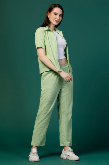 Womens Pista Cotton Blend Solid T-shirt And Shirt With Trouser Set