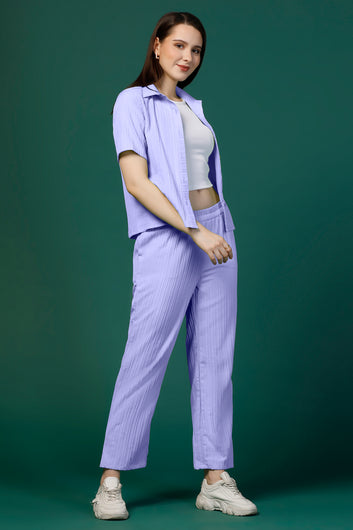 Womens Lavender Cotton Blend Solid T-shirt And Shirt With Trouser Set