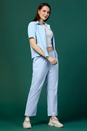 Womens Sky Blue Cotton Blend Solid T-shirt And Shirt With Trouser Set