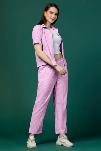 Womens Lilac Cotton Blend Solid T-shirt And Shirt With Trouser Set