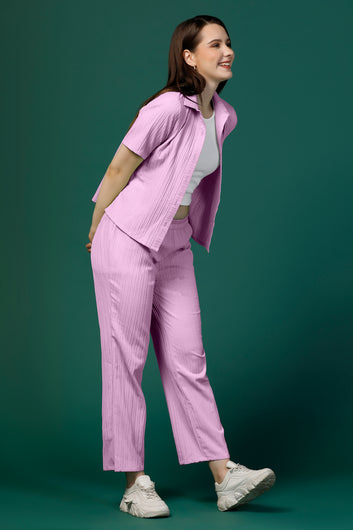 Womens Lilac Cotton Blend Solid T-shirt And Shirt With Trouser Set