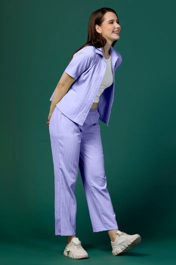 Womens Lavender Cotton Blend Solid T-shirt And Shirt With Trouser Set