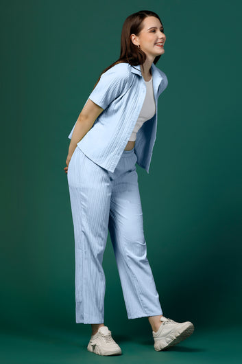 Womens Sky Blue Cotton Blend Solid T-shirt And Shirt With Trouser Set