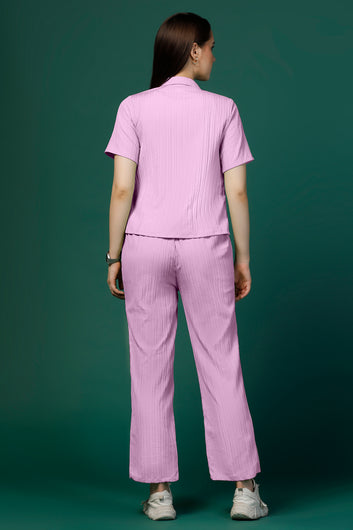 Womens Lilac Cotton Blend Solid T-shirt And Shirt With Trouser Set