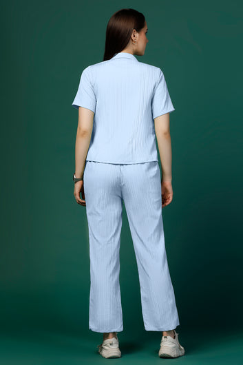 Womens Sky Blue Cotton Blend Solid T-shirt And Shirt With Trouser Set