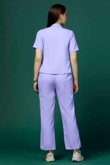 Womens Lavender Cotton Blend Solid T-shirt And Shirt With Trouser Set