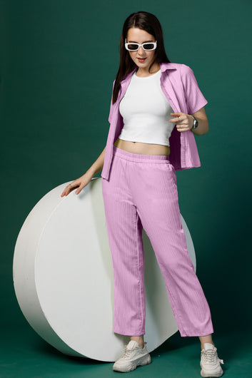 Womens Lilac Cotton Blend Solid T-shirt And Shirt With Trouser Set