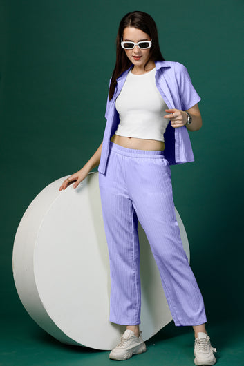 Womens Lavender Cotton Blend Solid T-shirt And Shirt With Trouser Set