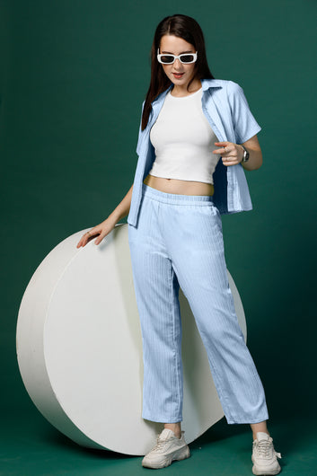 Womens Sky Blue Cotton Blend Solid T-shirt And Shirt With Trouser Set