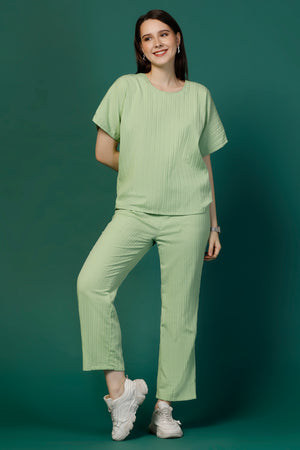 Womens Pista Cotton Blend Solid Top With Trouser Set