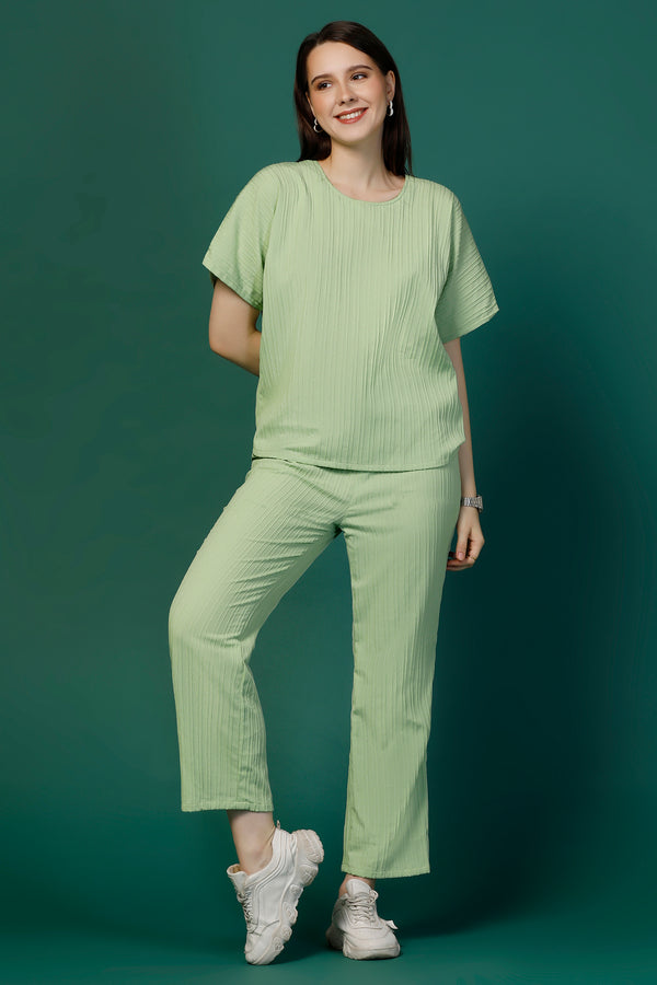 Womens Pista Cotton Blend Solid Top With Trouser Set
