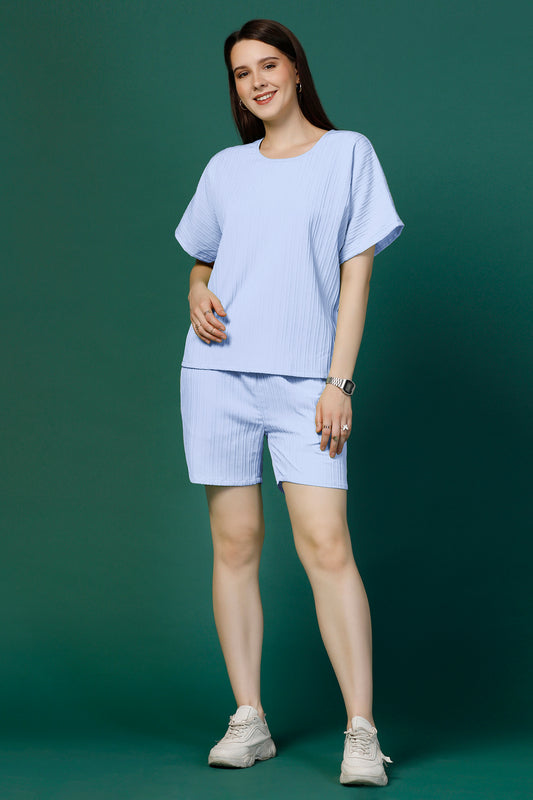 Womens Sky Blue Cotton Blend Solid Top With Shorts Set