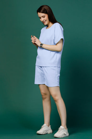 Womens Sky Blue Cotton Blend Solid Top With Shorts Set