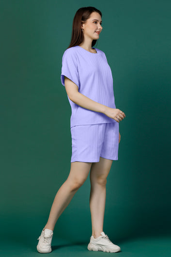 Womens Lavender Cotton Blend Solid Top With Shorts Set