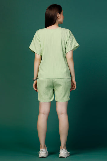 Womens Pista Cotton Blend Solid Top With Shorts Set