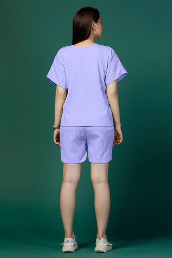 Womens Lavender Cotton Blend Solid Top With Shorts Set