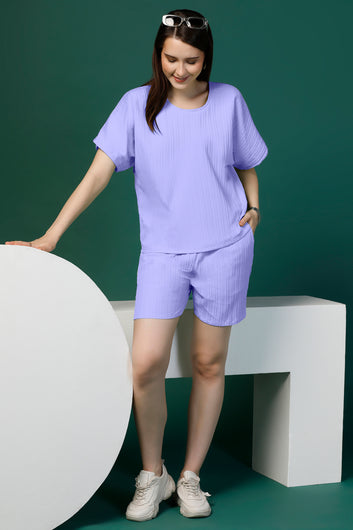 Womens Lavender Cotton Blend Solid Top With Shorts Set