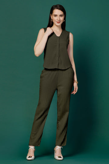 Womens Olive Cotton Blend Solid Top With Trouser Set