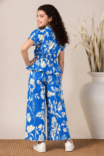 Girls Blue Rayon Top And Pant Set