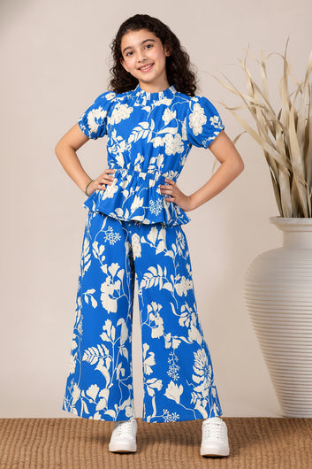 Girls Blue Rayon Top And Pant Set