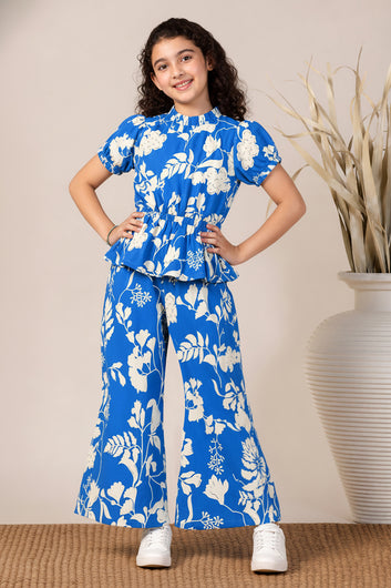 Girls Blue Rayon Top And Pant Set