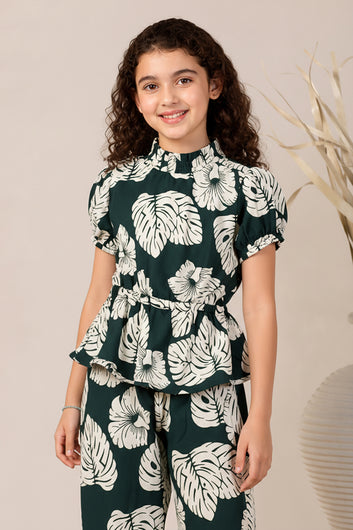 Girls Bottle Green Rayon Top And Pant Set