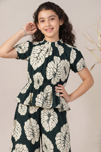 Girls Bottle Green Rayon Top And Pant Set