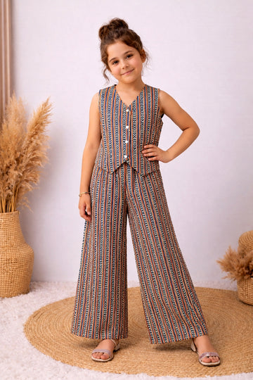 Girls Brown Cotton Zig Zag Print Top And Palazzo Set