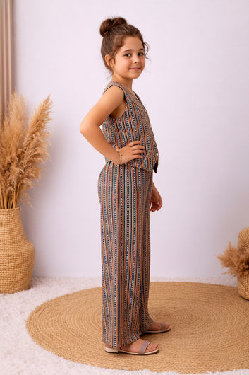 Girls Brown Cotton Zig Zag Print Top And Palazzo Set