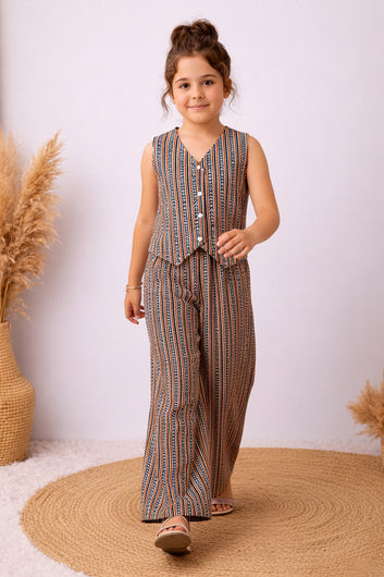 Girls Brown Cotton Zig Zag Print Top And Palazzo Set