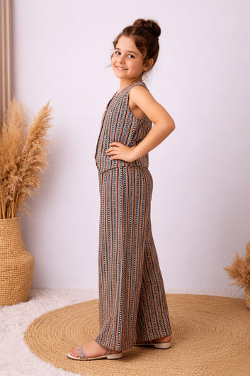 Girls Brown Cotton Zig Zag Print Top And Palazzo Set