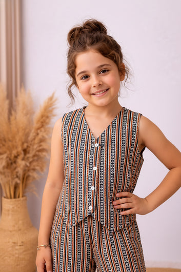 Girls Brown Cotton Zig Zag Print Top And Palazzo Set