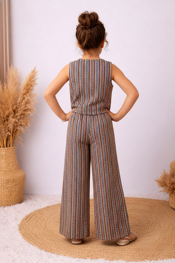 Girls Brown Cotton Zig Zag Print Top And Palazzo Set