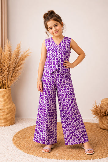 Girls Purple Cotton Geometric Printed Top And Palazzo Set