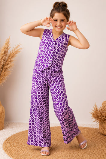 Girls Purple Cotton Geometric Printed Top And Palazzo Set