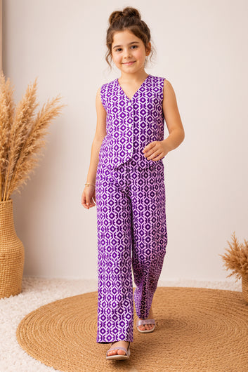 Girls Purple Cotton Geometric Printed Top And Palazzo Set